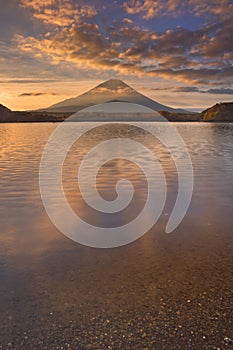 Mount Fuji and Lake Shoji in Japan at sunrise